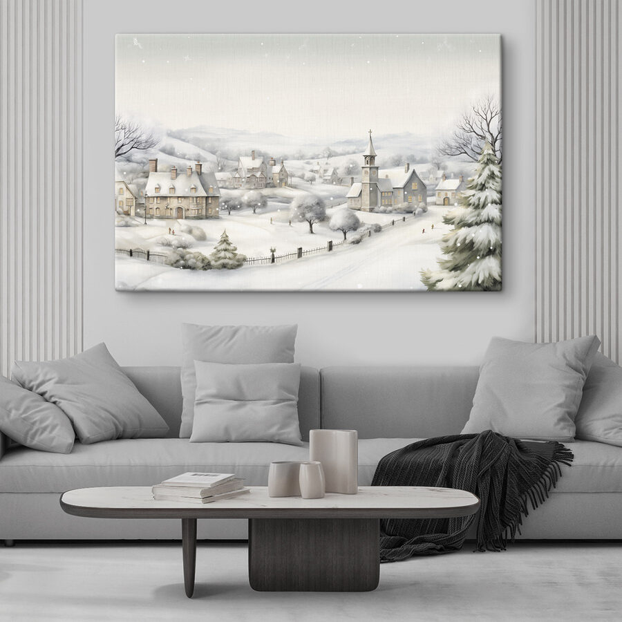 Snow covered village with a church and trees Snow covered village with a church and trees