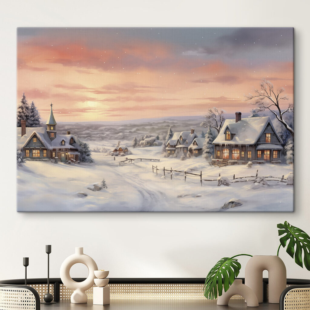 Snow covered village with houses and a fence Snow covered village with houses and a fence