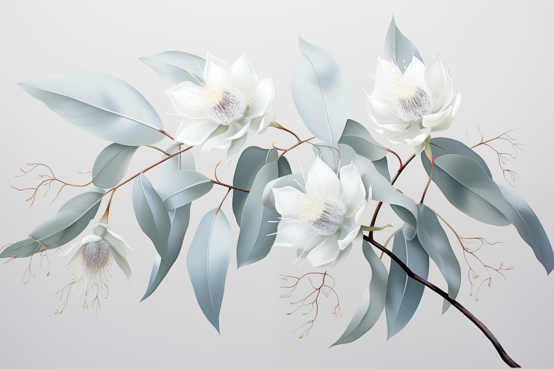 White flowers and leaves on a branch White flowers and leaves on a branch