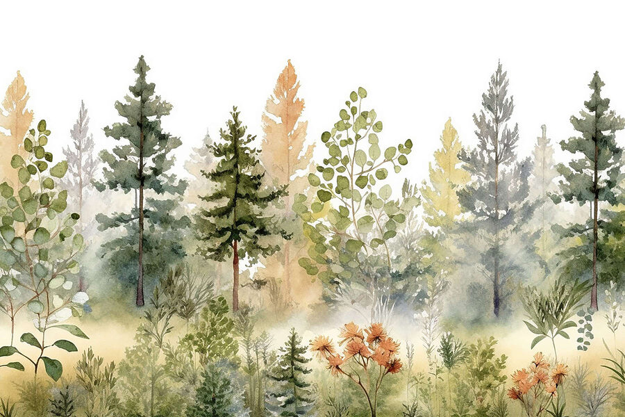 Akvarelová malba stromů a rostlin