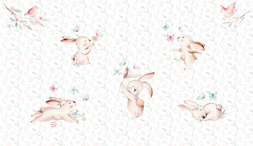 Pattern of watercolor bunnies and butterflies