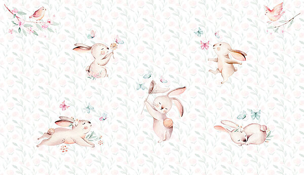 Pattern of watercolor bunnies and butterflies