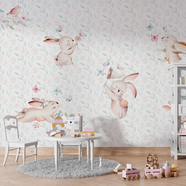 Pattern of watercolor bunnies and butterflies