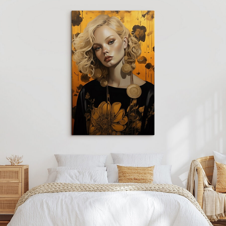 Žena s kudrnatými blond vlasy a velkými náušnicemi Žena s kudrnatými blond vlasy a velkými náušnicemi