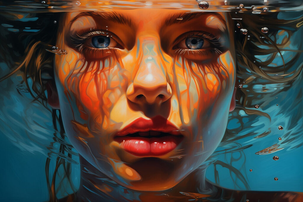 Woman under water with water droplets