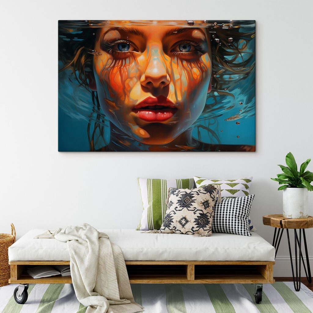 Woman under water with water droplets