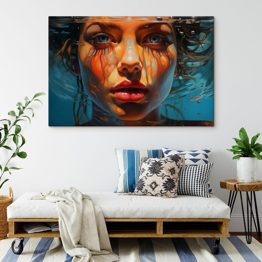 Woman under water with water droplets