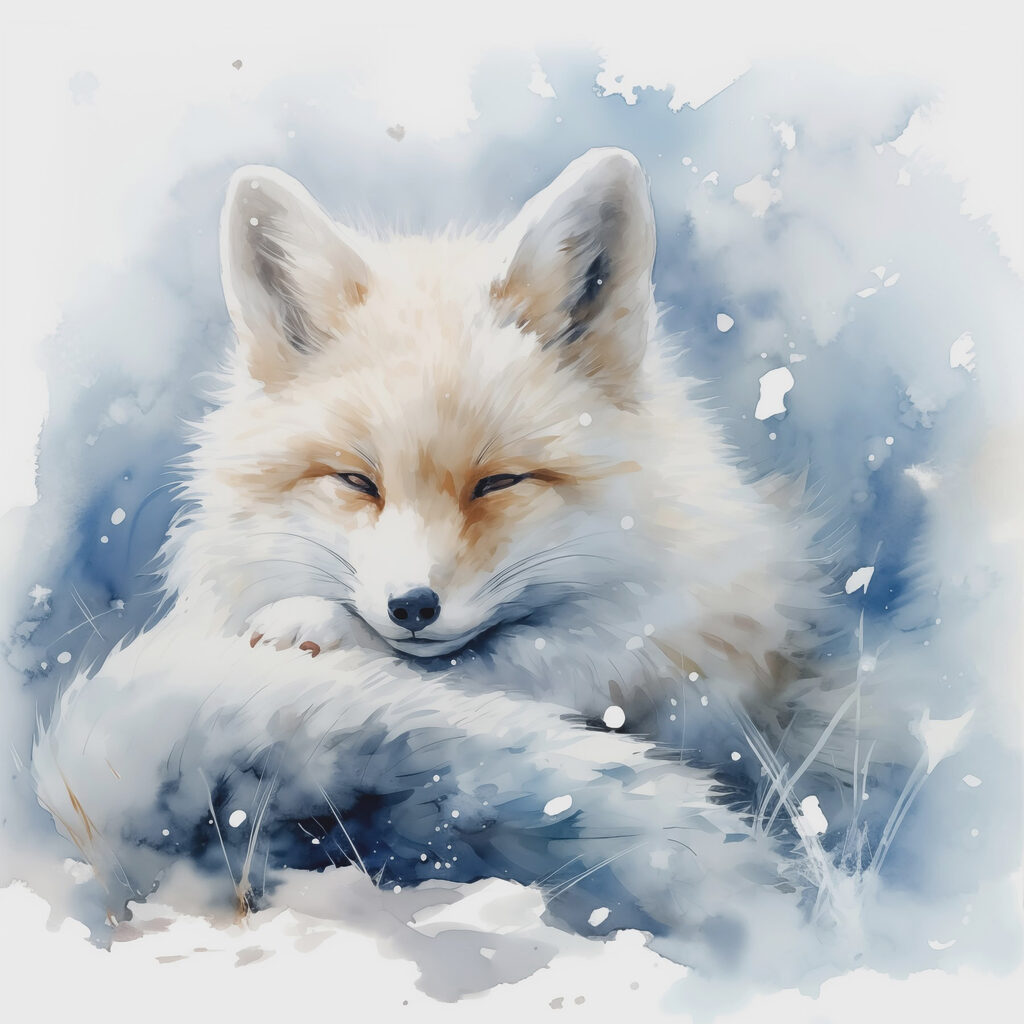 Watercolor of a fox lying in the snow