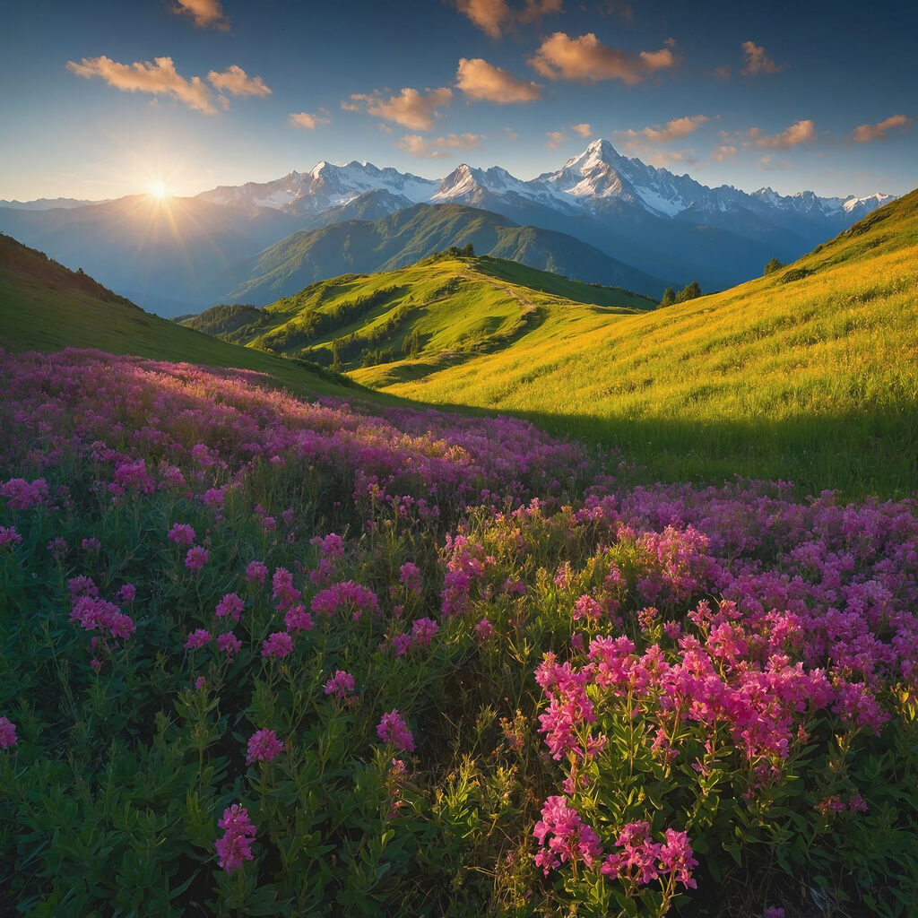 Field of flowers with mountains in the background
