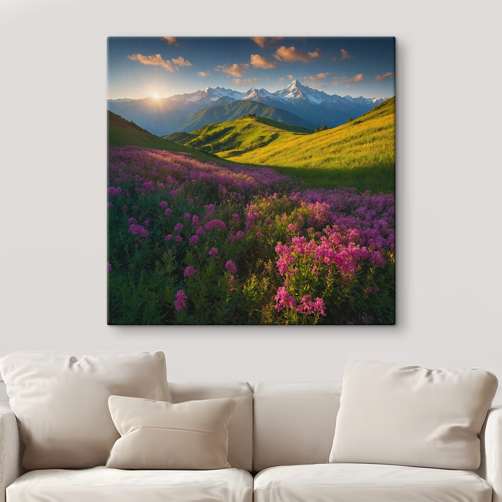Field of flowers with mountains in the background