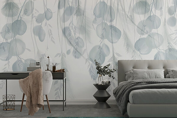 White and gray background with feathers and flowers