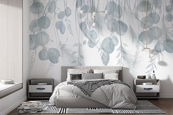 White and gray background with feathers and flowers