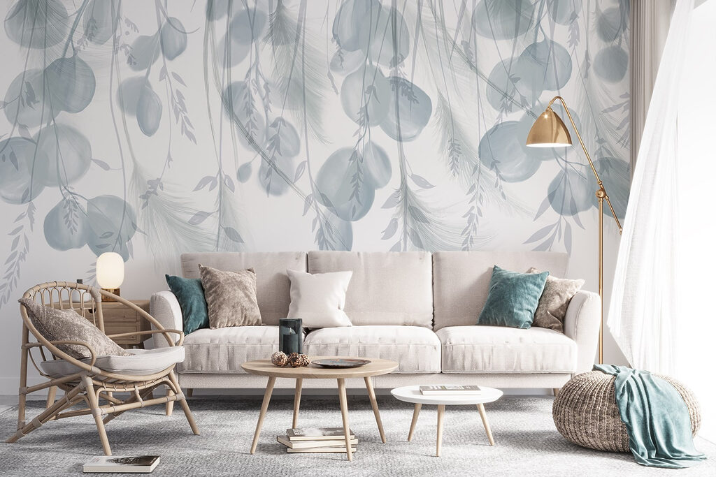 White and gray background with feathers and flowers
