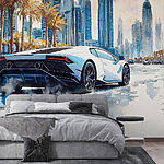 Fototapeta Obraz bílého sportovního vozu jedoucího po silnici s palmami