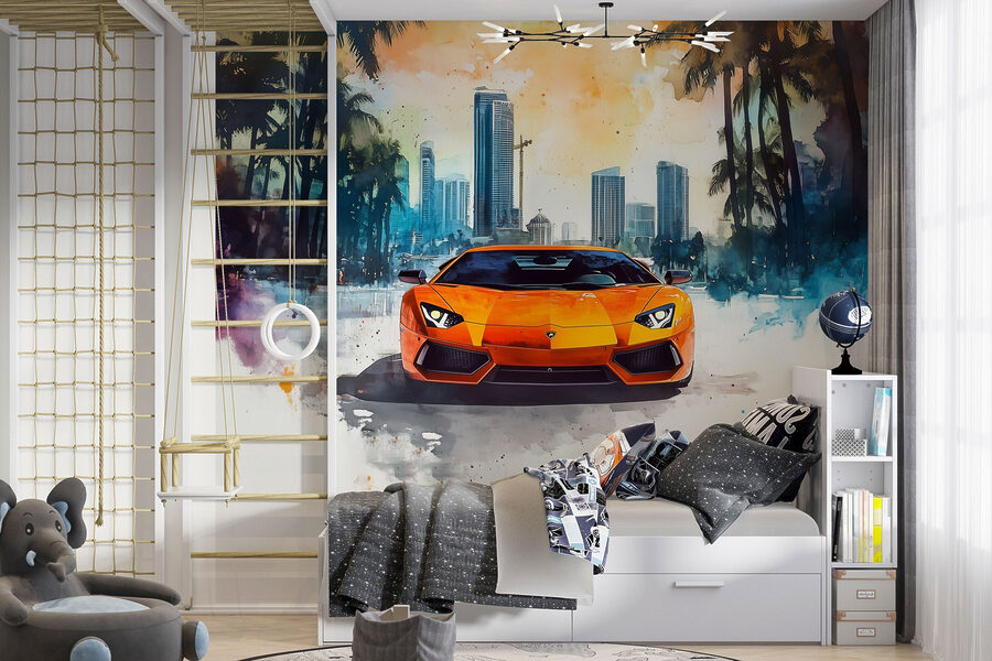 Oranžové sportovní auto na sněhu Oranžové sportovní auto na sněhu