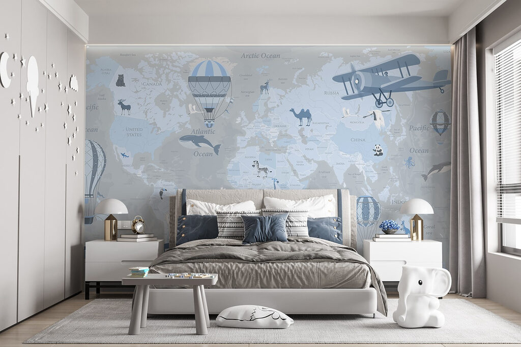 Map of the world with different types of airplanes and animals
