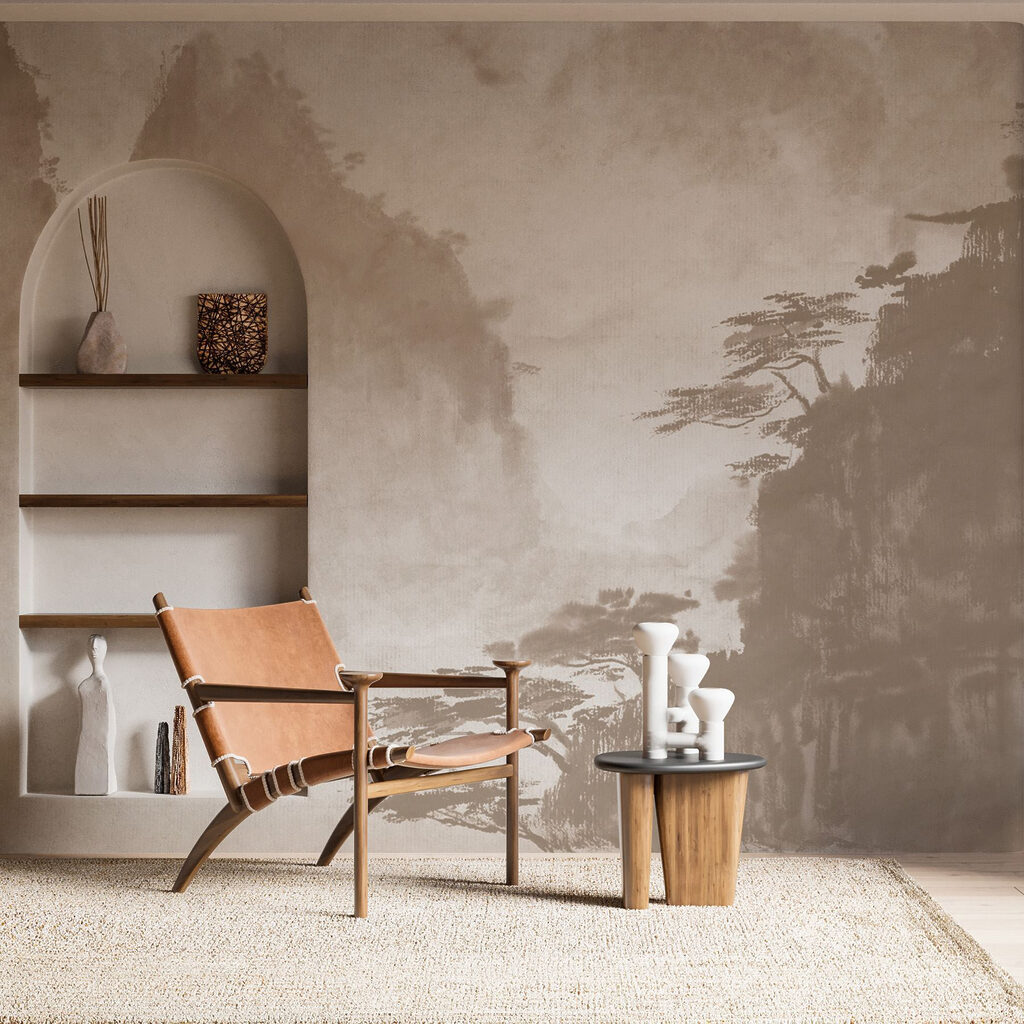 Painting of trees and mountains