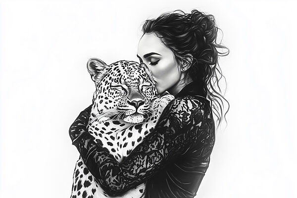 Žena objímající leoparda Žena objímající leoparda