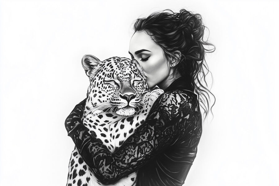 Žena objímající leoparda
