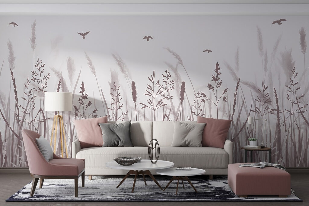 Field of grass with birds flying