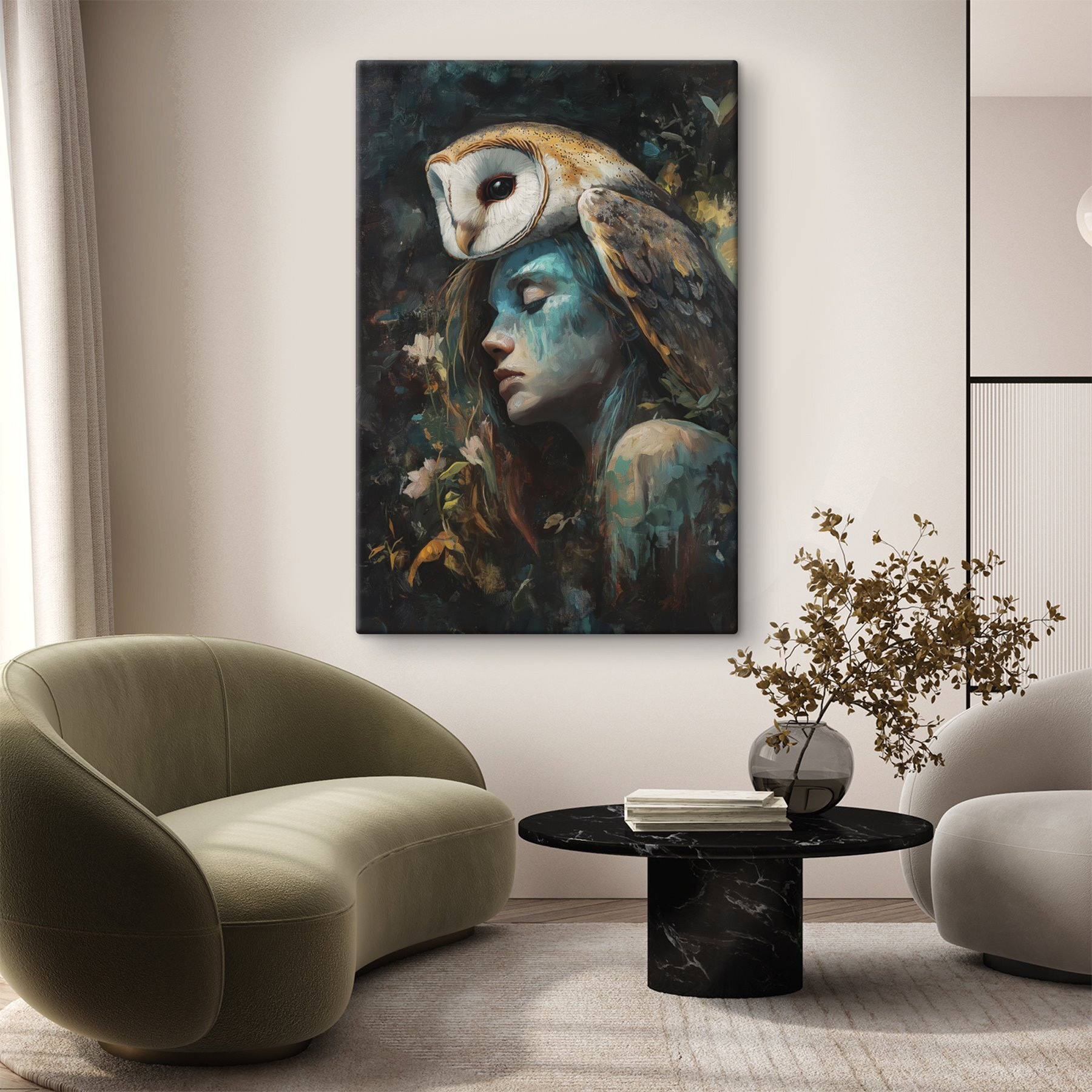 Painting of a woman with an owl on her head Painting of a woman with an owl on her head