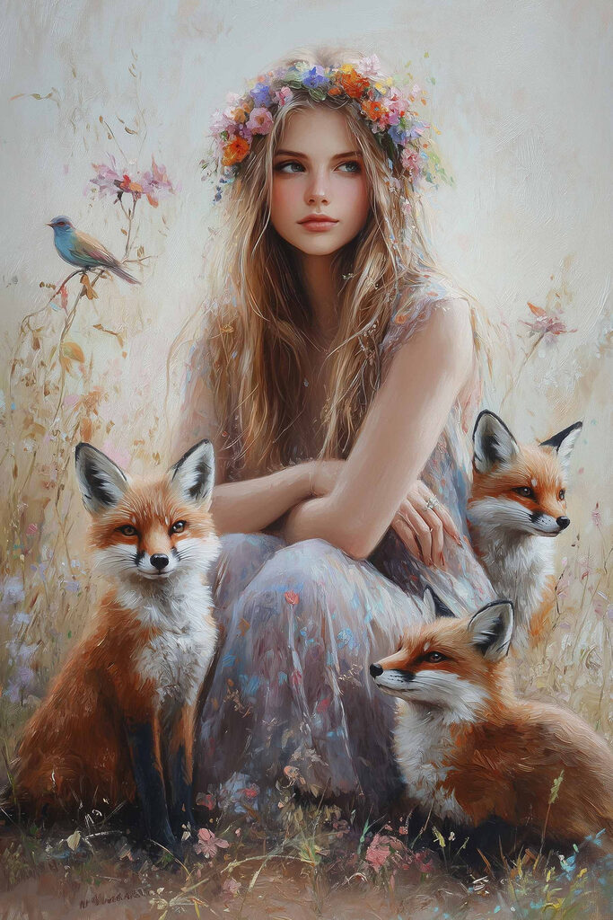 Painting of a woman with foxes Painting of a woman with foxes