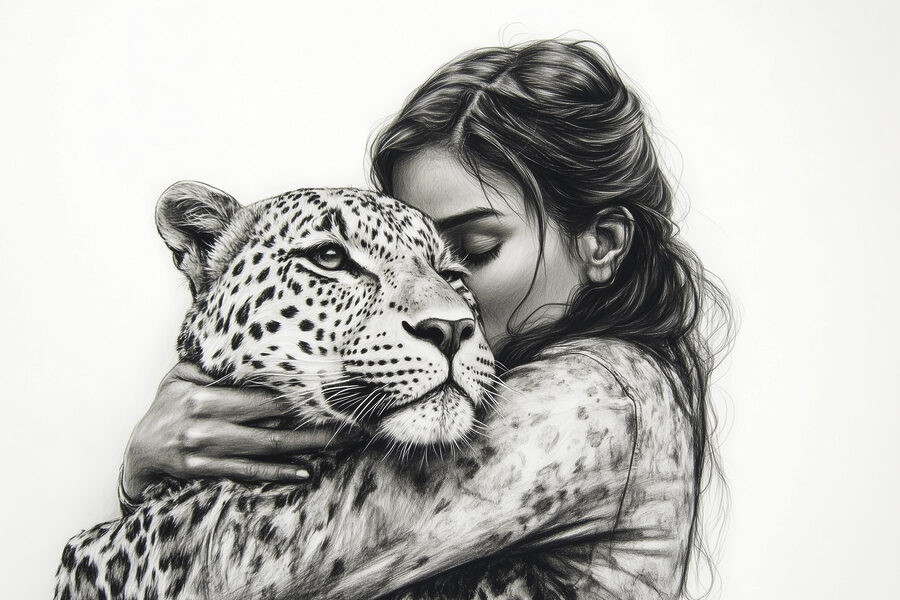 Kresba ženy objímající leoparda
