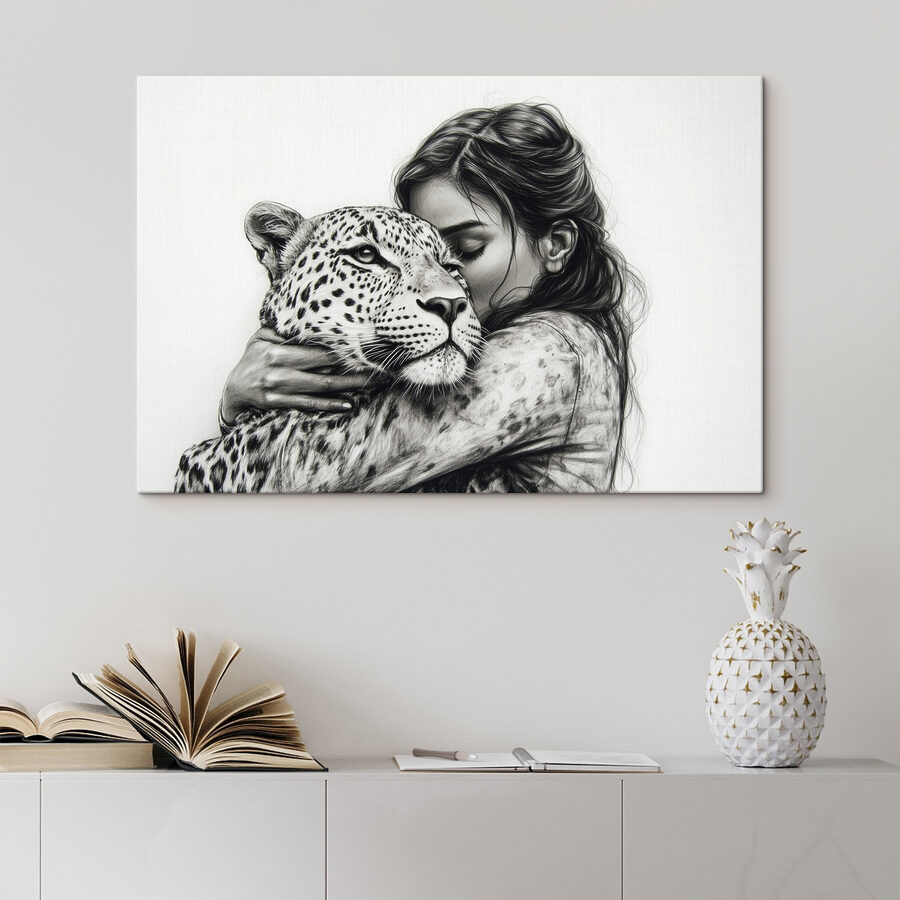 Kresba ženy objímající leoparda