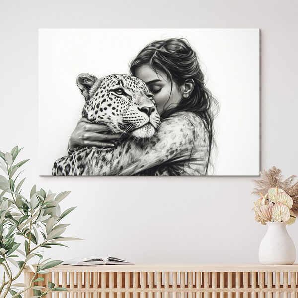 Kresba ženy objímající leoparda Kresba ženy objímající leoparda