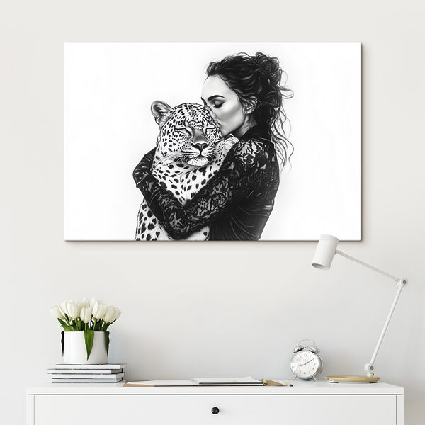 Žena objímající leoparda Žena objímající leoparda
