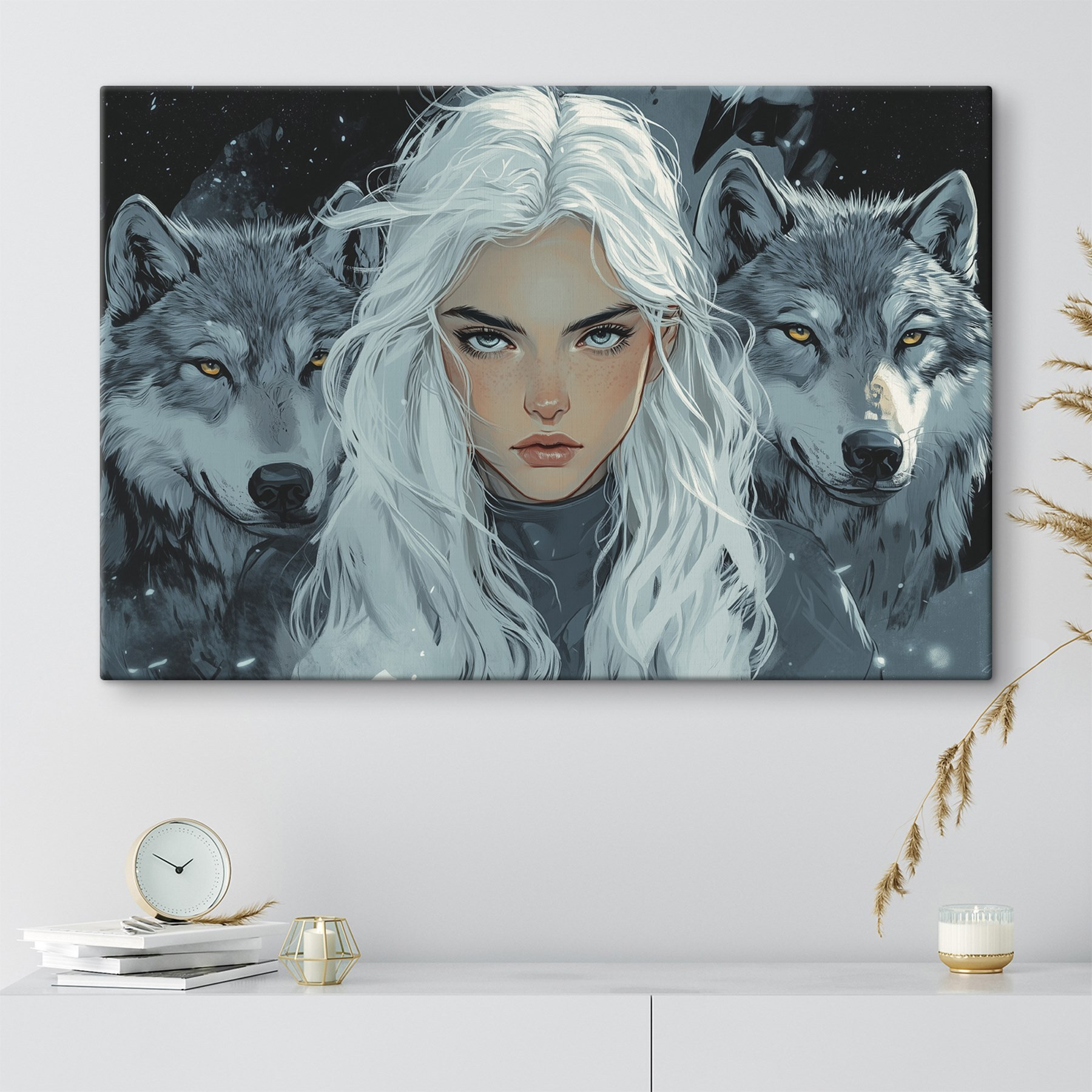 Woman with white hair and a wolf behind her Woman with white hair and a wolf behind her