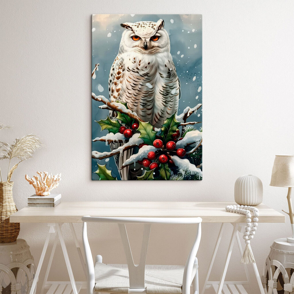 White owl sitting on a branch with snow and berries White owl sitting on a branch with snow and berries