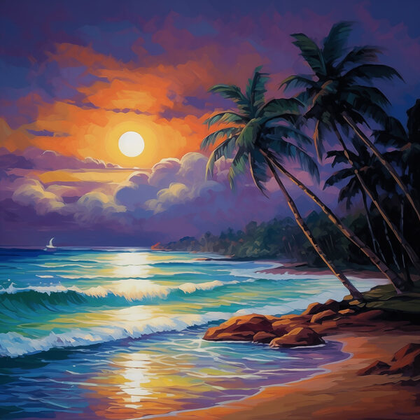 Painting of a beach with palm trees and waves Painting of a beach with palm trees and waves