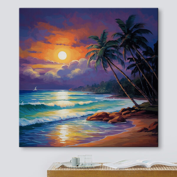 Painting of a beach with palm trees and waves Painting of a beach with palm trees and waves