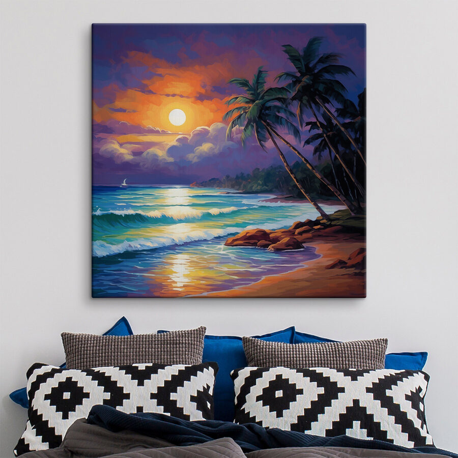 Painting of a beach with palm trees and waves Painting of a beach with palm trees and waves