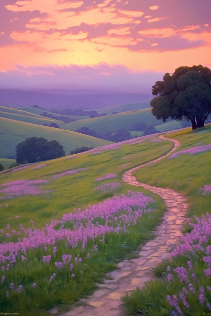 Path through a field of purple flowers