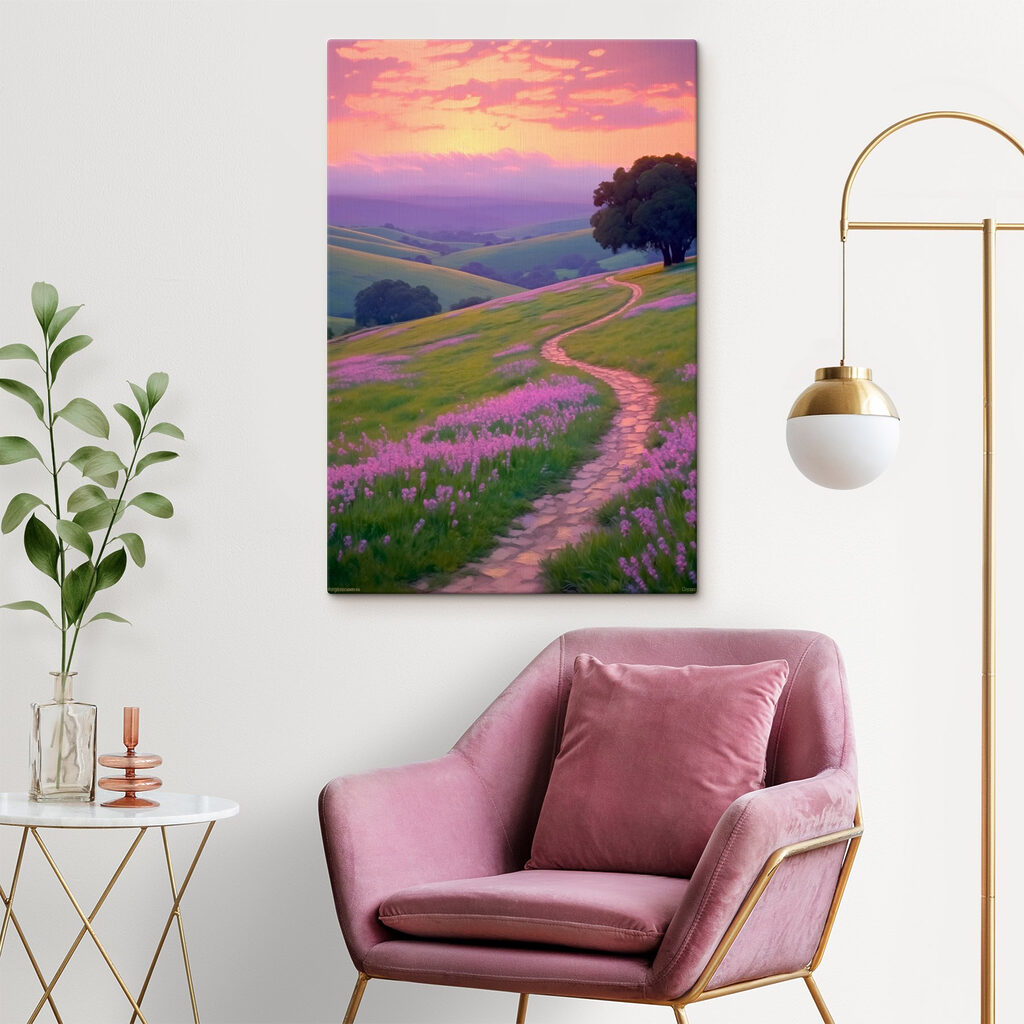 Path through a field of purple flowers