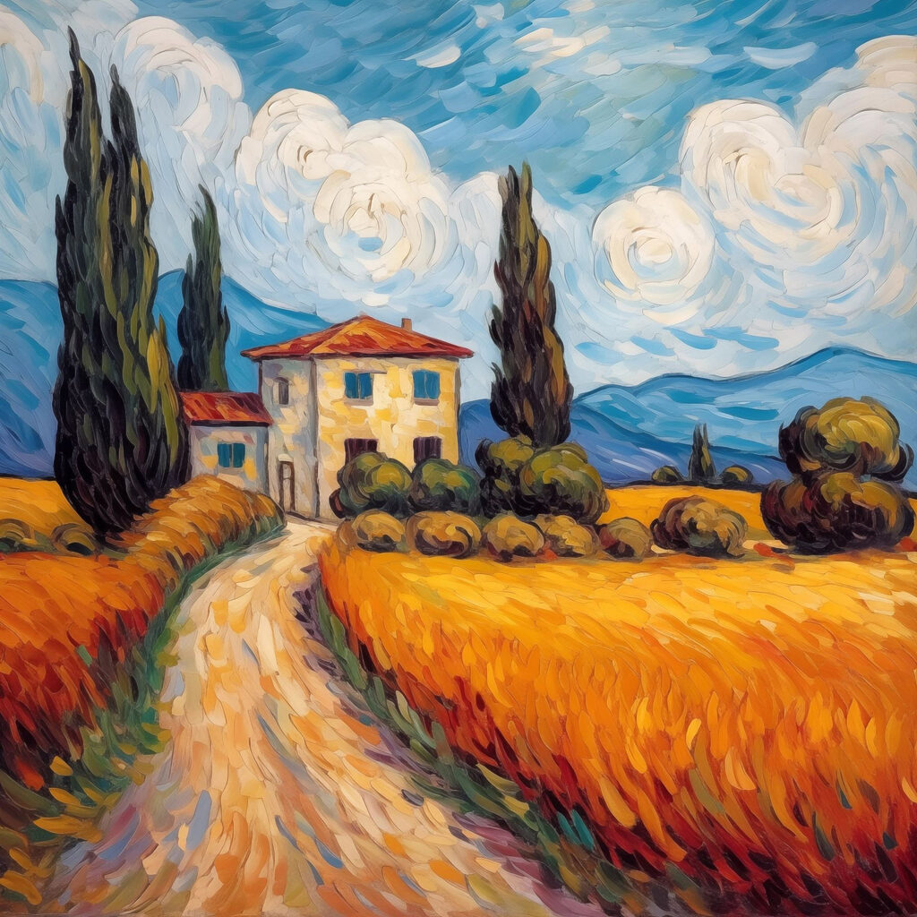 Painting of a house in a wheat field Painting of a house in a wheat field