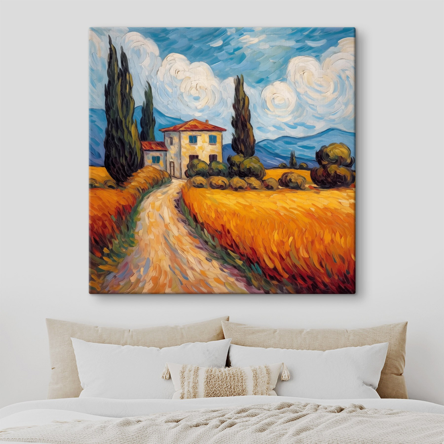 Painting of a house in a wheat field Painting of a house in a wheat field