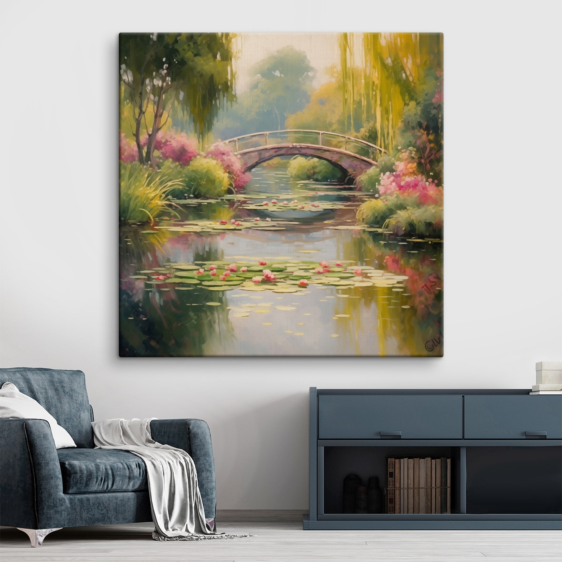Bridge over a pond with lily pads and flowers