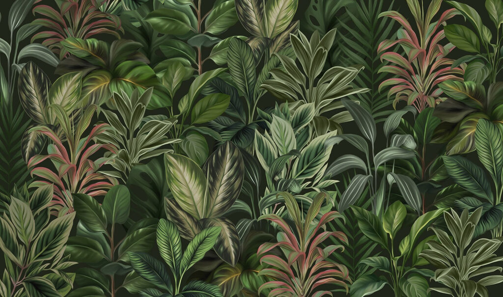 Wallpaper with many different types of leaves