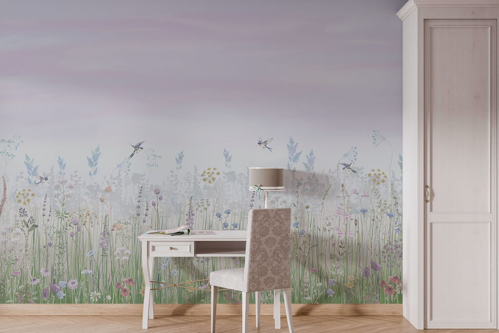 Field of flowers and birds