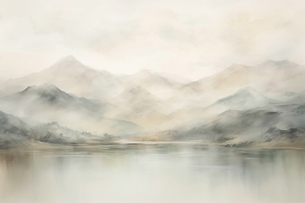 Watercolor of a lake with mountains in the distance