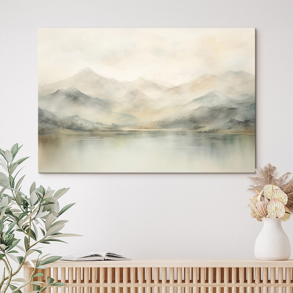 Watercolor of a lake with mountains in the distance