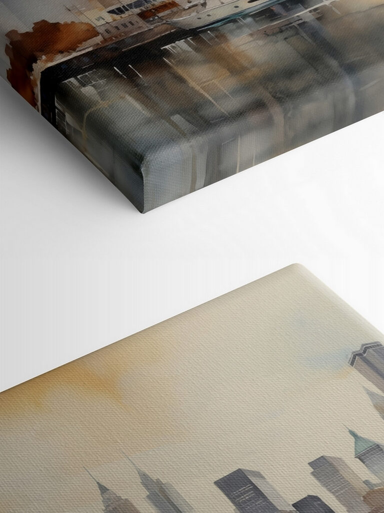 Watercolor of a bridge and a city