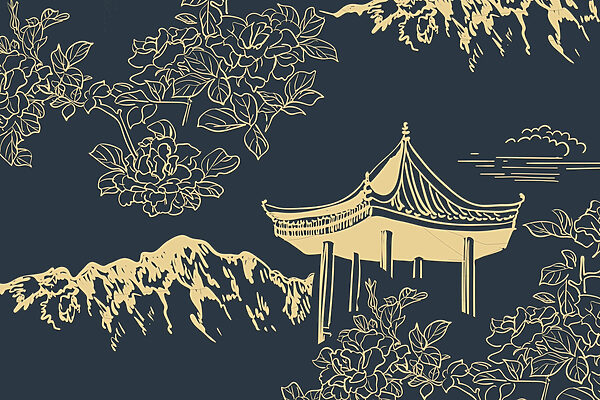 Pagoda a hory s květinami Pagoda a hory s květinami