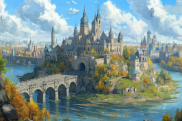 Hrad na kopci s mostem přes vodu Hrad na kopci s mostem přes vodu