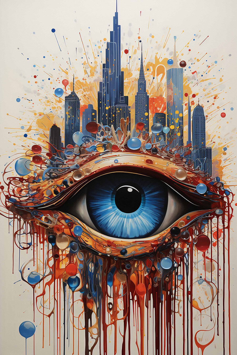 Painting of a blue eye with a city behind it