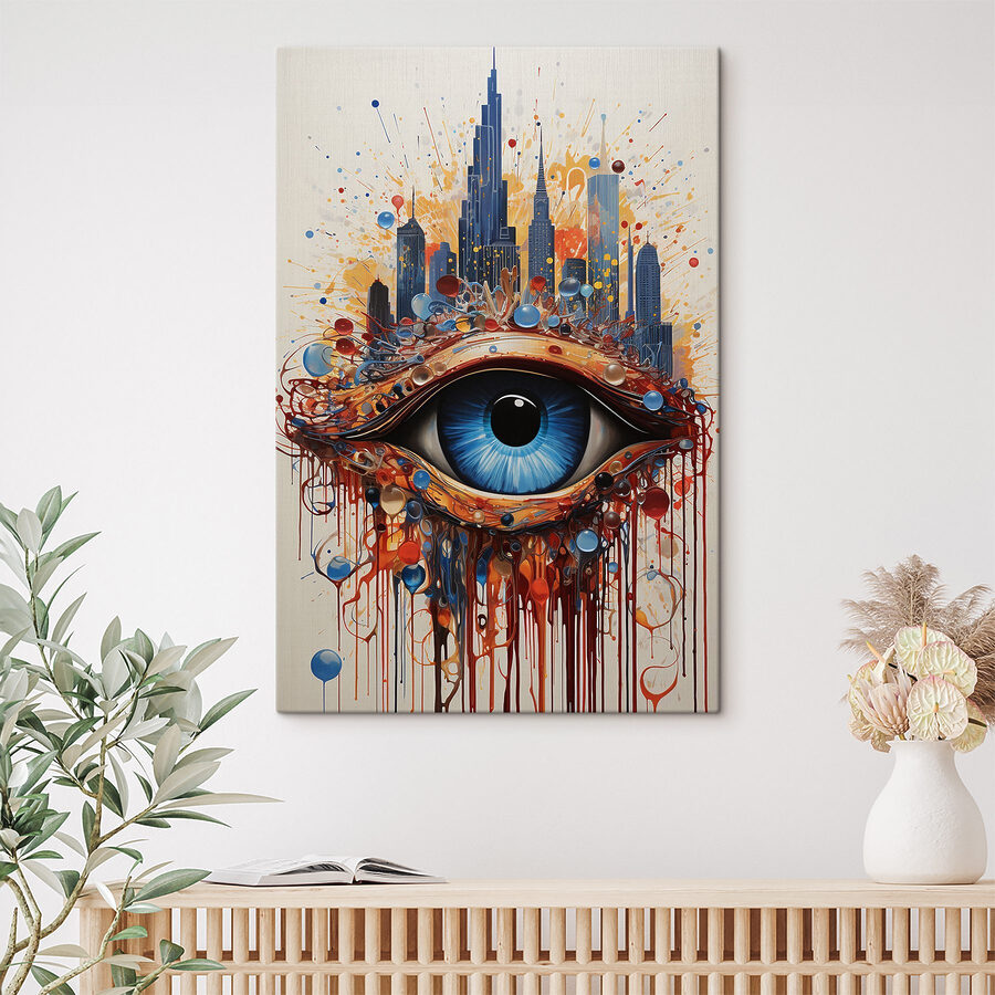 Painting of a blue eye with a city behind it