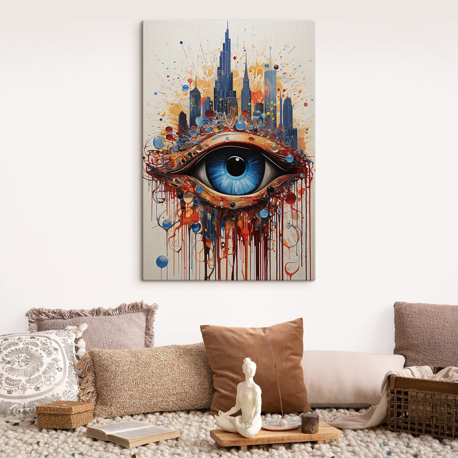 Painting of a blue eye with a city behind it